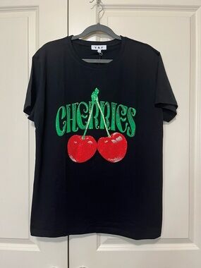 Black Short-Sleeve Tee with Green 'CHERRIES' Graphic and Red Sequin Cherries